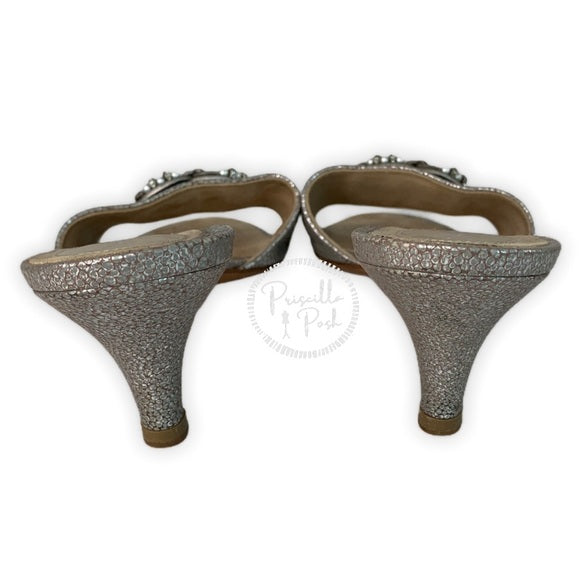 Chanel Silver Leather Pearl Shoes Slides Sandals