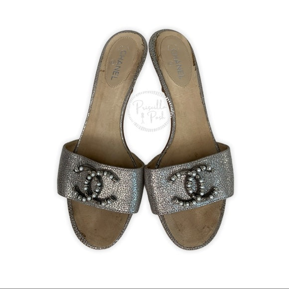 Chanel Silver Leather Pearl Shoes Slides Sandals