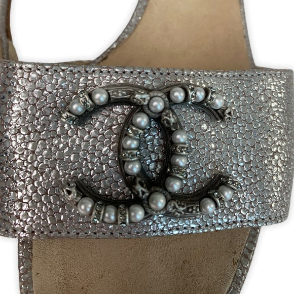 Chanel Silver Leather Pearl Shoes Slides Sandals