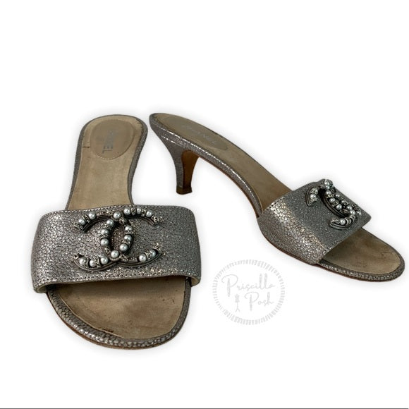 Chanel Silver Leather Pearl Shoes Slides Sandals