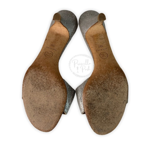Chanel Silver Leather Pearl Shoes Slides Sandals