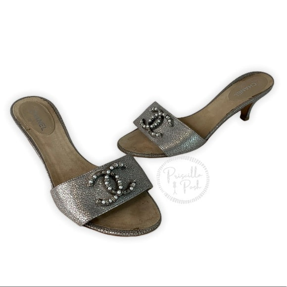 Chanel Silver Leather Pearl Shoes Slides Sandals