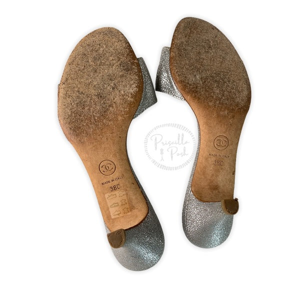 Chanel Silver Leather Pearl Shoes Slides Sandals
