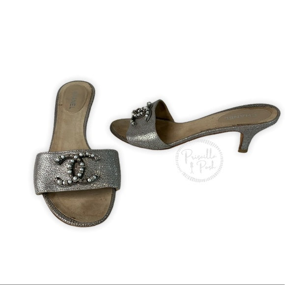 Chanel Silver Leather Pearl Shoes Slides Sandals