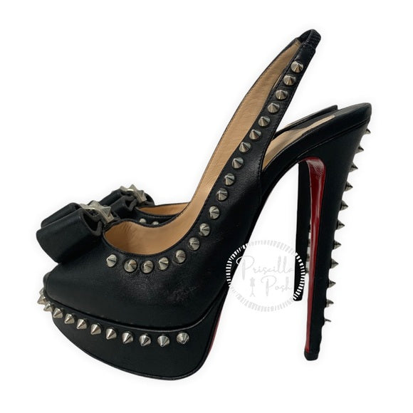 Christian Louboutin Black Leather Platform Peep toe Silver Studded Slingbacks