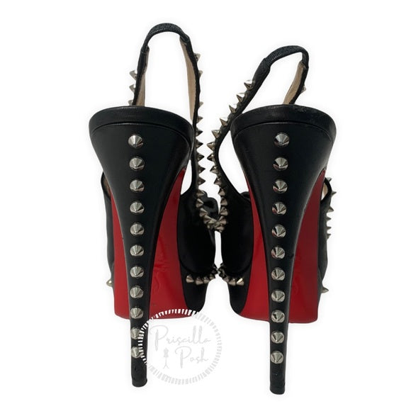 Christian Louboutin Black Leather Platform Peep toe Silver Studded Slingbacks