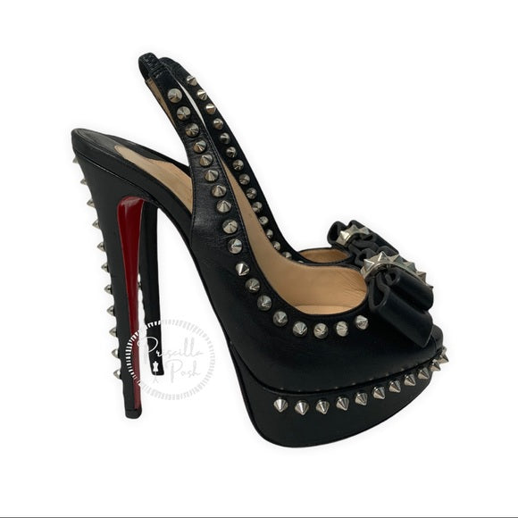 Christian Louboutin Black Leather Platform Peep toe Silver Studded Slingbacks