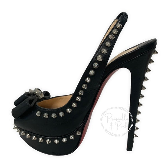 Christian Louboutin Black Leather Platform Peep toe Silver Studded Slingbacks