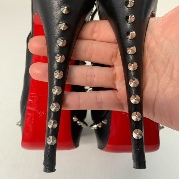 Christian Louboutin Black Leather Platform Peep toe Silver Studded Slingbacks