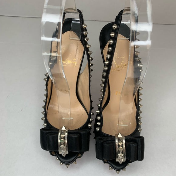 Christian Louboutin Black Leather Platform Peep toe Silver Studded Slingbacks