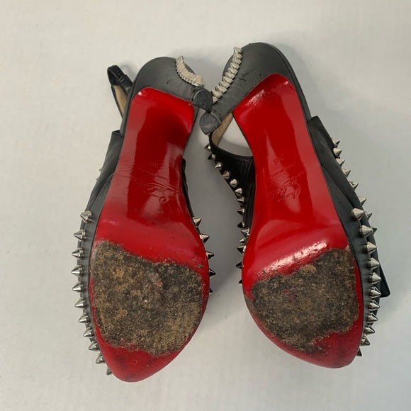 Christian Louboutin Black Leather Platform Peep toe Silver Studded Slingbacks