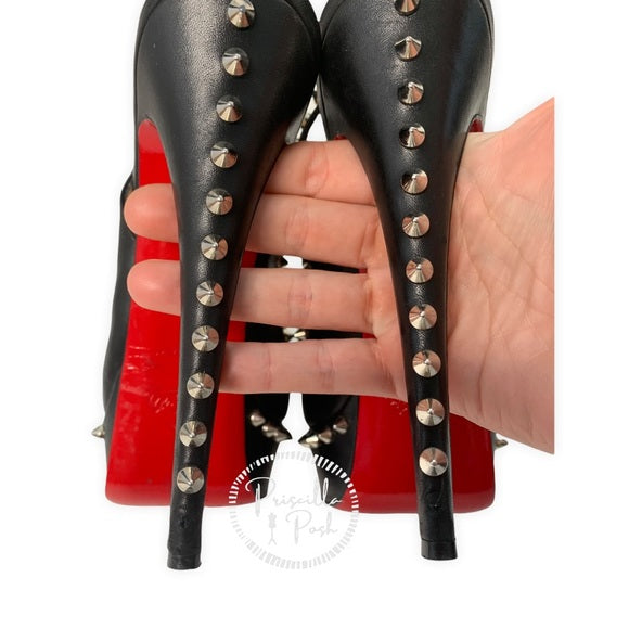 Christian Louboutin Black Leather Platform Peep toe Silver Studded Slingbacks