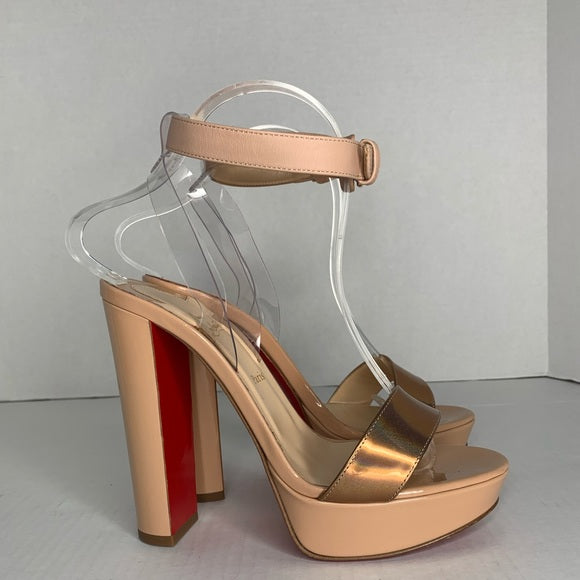 Christian Louboutin Cherry 140mm Nude Sandals Platform Ankle Strap Block Heel