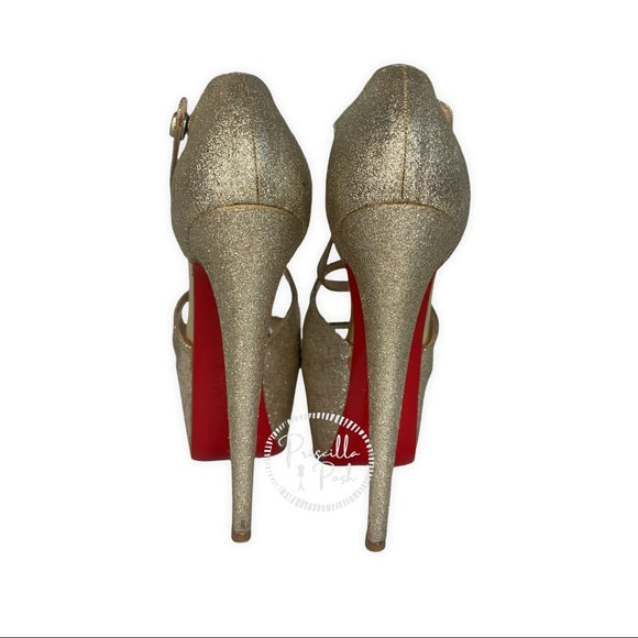 Christian Louboutin Exagona Glitter Crisscross Red Sole Pump, Gold