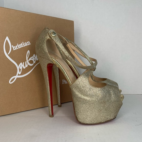 Christian Louboutin Exagona Glitter Crisscross Red Sole Pump, Gold