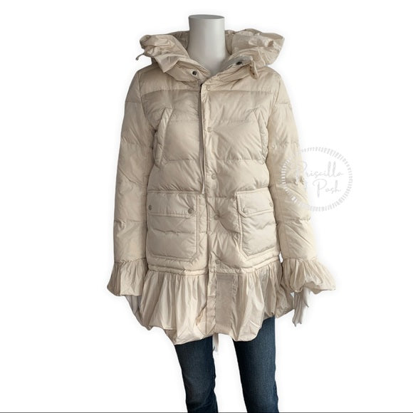 Moncler White Ivory Serre Peplum Ruffle Puffer Coat Puffer Jacket Long Length