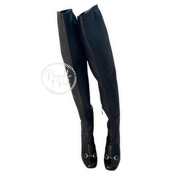 Gucci Horsebit Over The Knee Lillian Thigh High Black Leather Boots With Heel