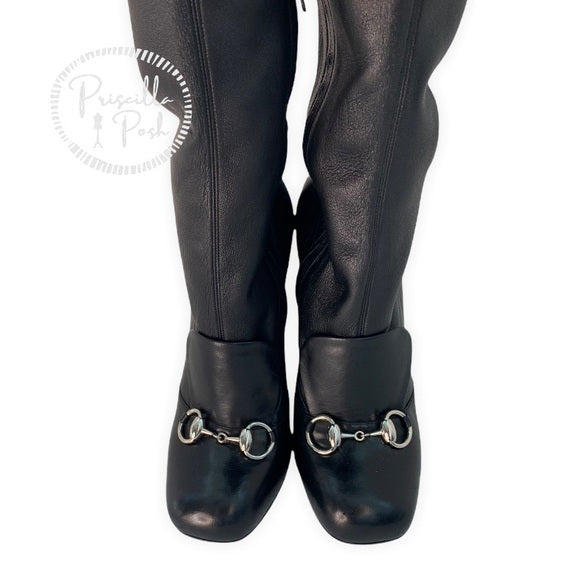 Gucci Horsebit Over The Knee Lillian Thigh High Black Leather Boots With Heel