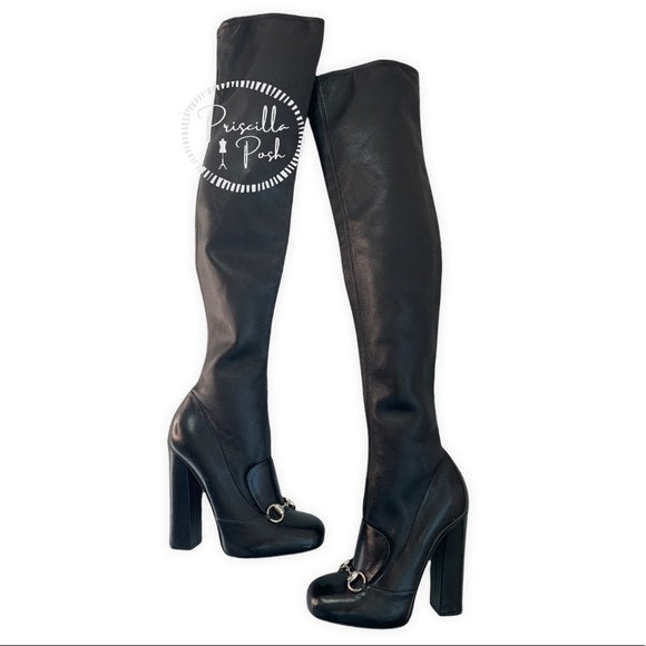 Gucci Horsebit Over The Knee Lillian Thigh High Black Leather Boots With Heel