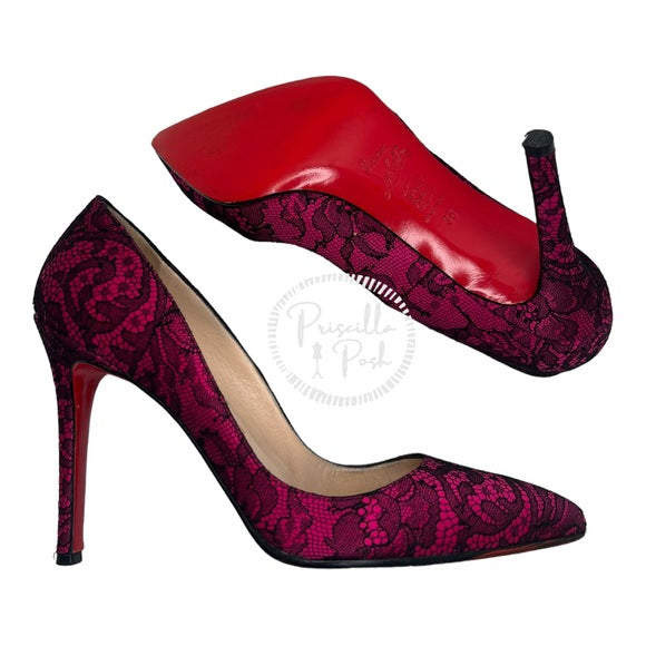 Christian Louboutin Fuchsia Pink With Black Lace Overlay Pointed Toe Satin 38