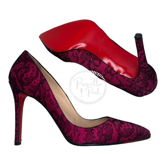 Christian Louboutin Fuchsia Pink With Black Lace Overlay Pointed Toe Satin 38