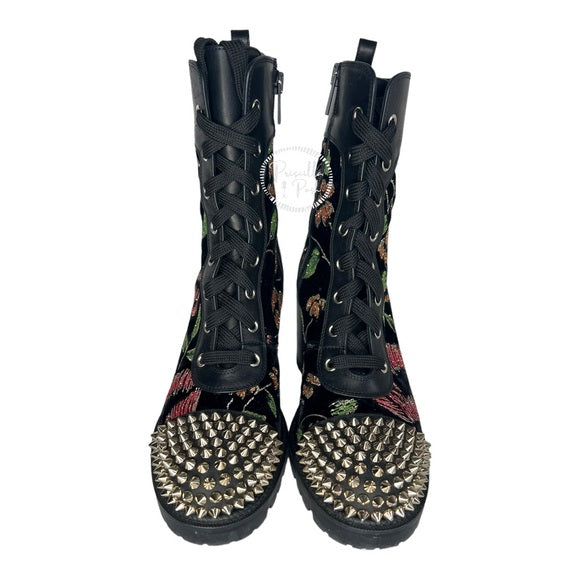 Christian Louboutin Croc Floral Studded Hiking Ankle Boots Black Spike Studded 37