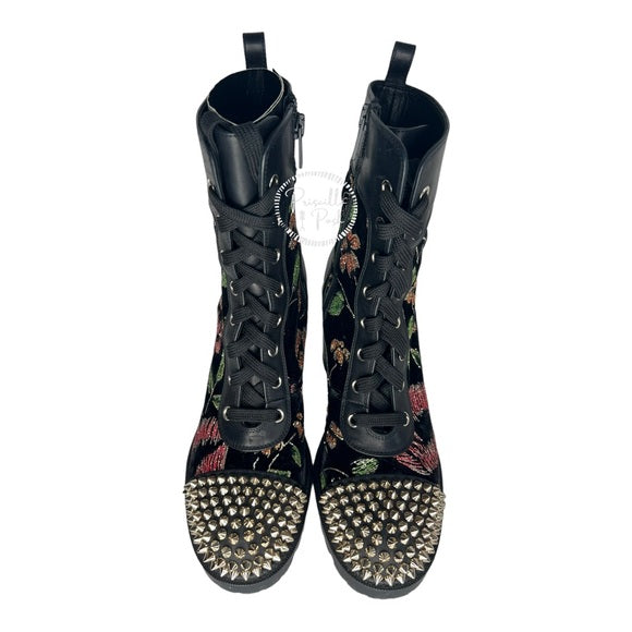 Christian Louboutin Croc Floral Studded Hiking Ankle Boots Black Spike Studded 37
