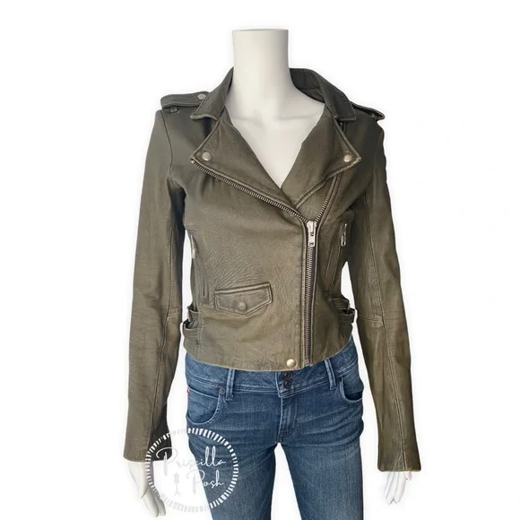 IRO Olive Green Ashville Leather Cropped Distressed Moto Jacket