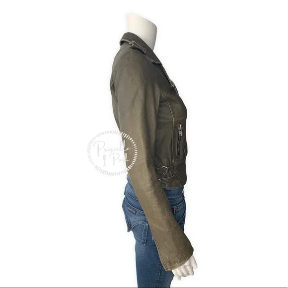 IRO Olive Green Ashville Leather Cropped Distressed Moto Jacket