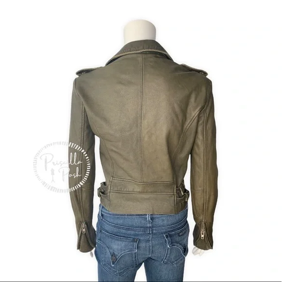 IRO Olive Green Ashville Leather Cropped Distressed Moto Jacket