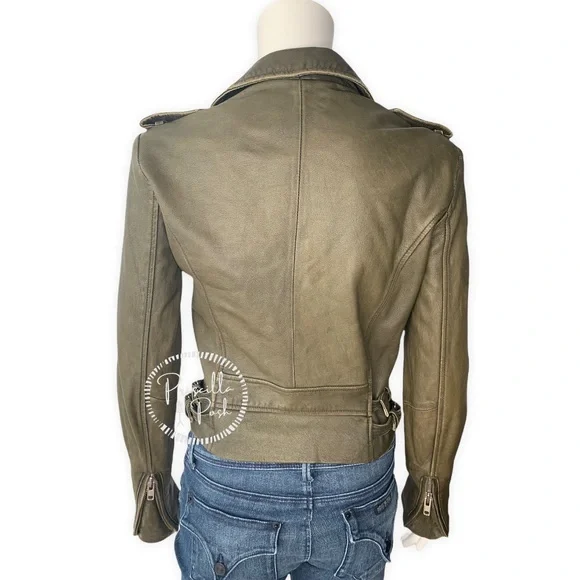 IRO Olive Green Ashville Leather Cropped Distressed Moto Jacket