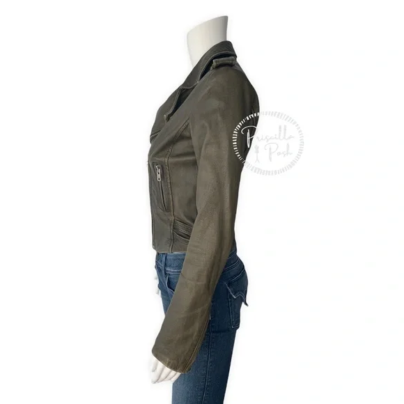IRO Olive Green Ashville Leather Cropped Distressed Moto Jacket