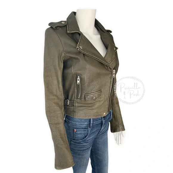 IRO Olive Green Ashville Leather Cropped Distressed Moto Jacket