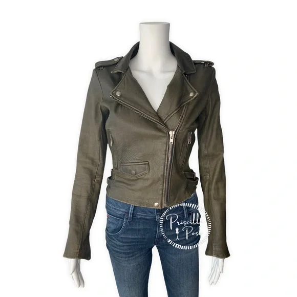 IRO Olive Green Ashville Leather Cropped Distressed Moto Jacket