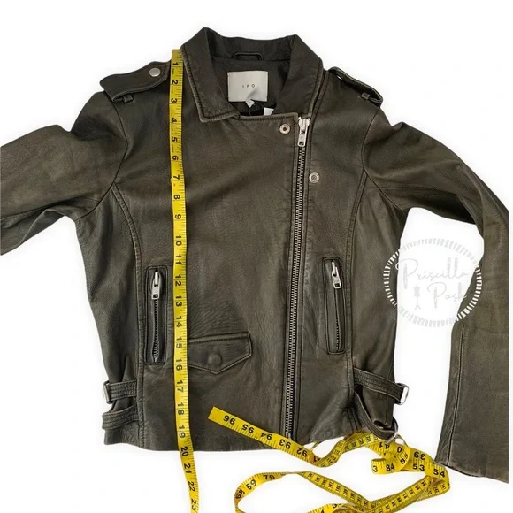 IRO Olive Green Ashville Leather Cropped Distressed Moto Jacket