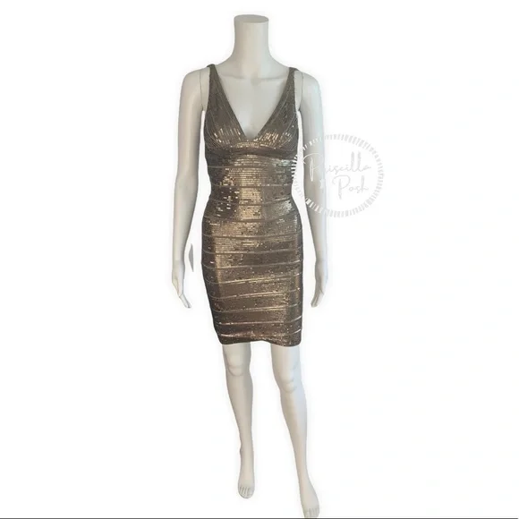 Herve Leger Gold Sequin Bodycon V Neck Mini Dress Antique Gold Brass