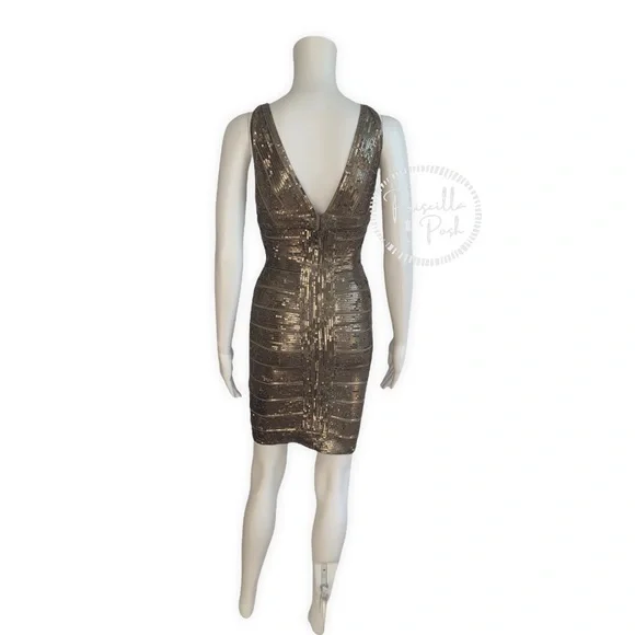 Herve Leger Gold Sequin Bodycon V Neck Mini Dress Antique Gold Brass