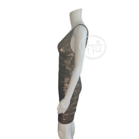 Herve Leger Gold Sequin Bodycon V Neck Mini Dress Antique Gold Brass