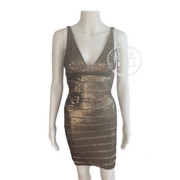 Herve Leger Gold Sequin Bodycon V Neck Mini Dress Antique Gold Brass
