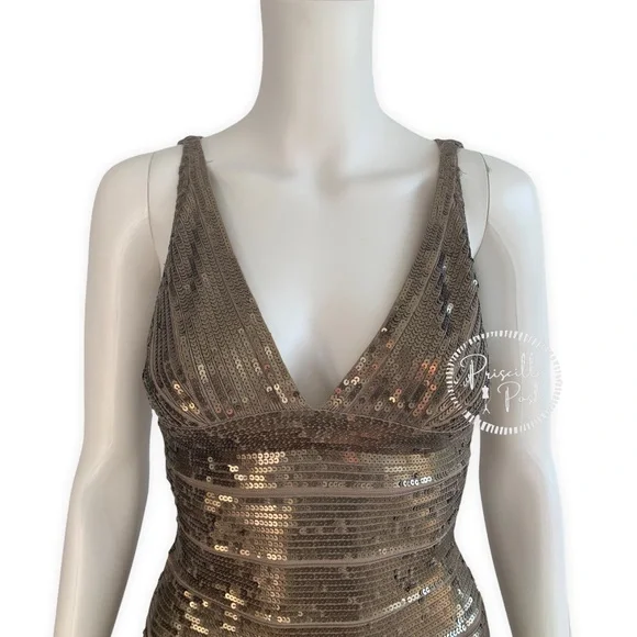 Herve Leger Gold Sequin Bodycon V Neck Mini Dress Antique Gold Brass