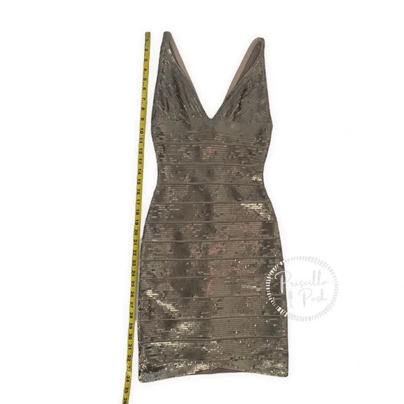 Herve Leger Gold Sequin Bodycon V Neck Mini Dress Antique Gold Brass