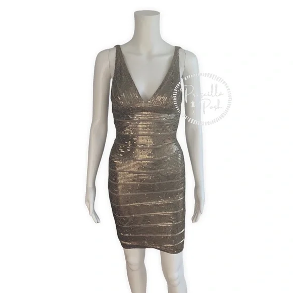 Herve Leger Gold Sequin Bodycon V Neck Mini Dress Antique Gold Brass