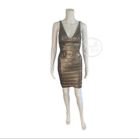 Herve Leger Gold Sequin Bodycon V Neck Mini Dress Antique Gold Brass