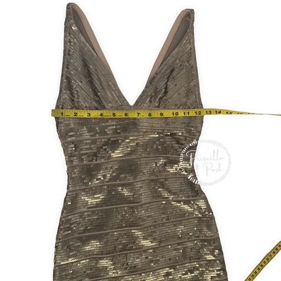 Herve Leger Gold Sequin Bodycon V Neck Mini Dress Antique Gold Brass