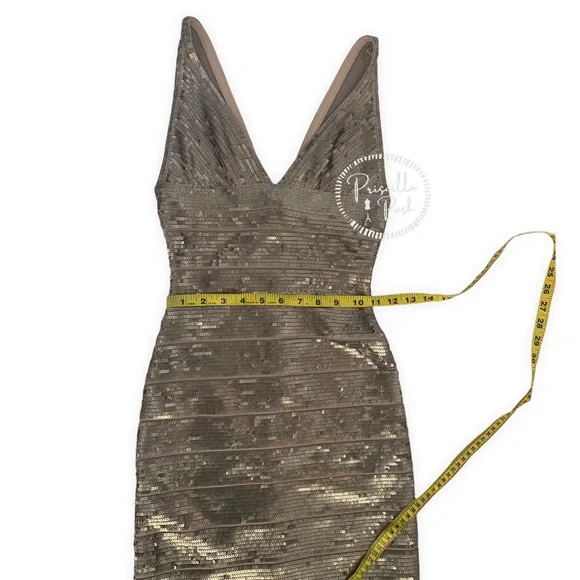 Herve Leger Gold Sequin Bodycon V Neck Mini Dress Antique Gold Brass