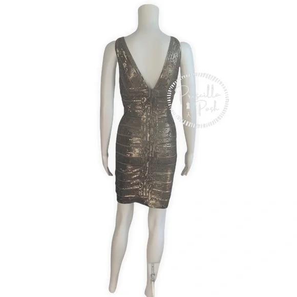 Herve Leger Gold Sequin Bodycon V Neck Mini Dress Antique Gold Brass