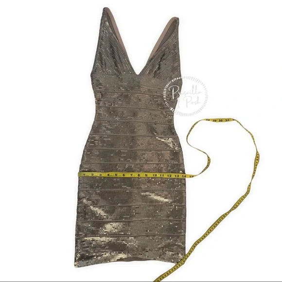 Herve Leger Gold Sequin Bodycon V Neck Mini Dress Antique Gold Brass