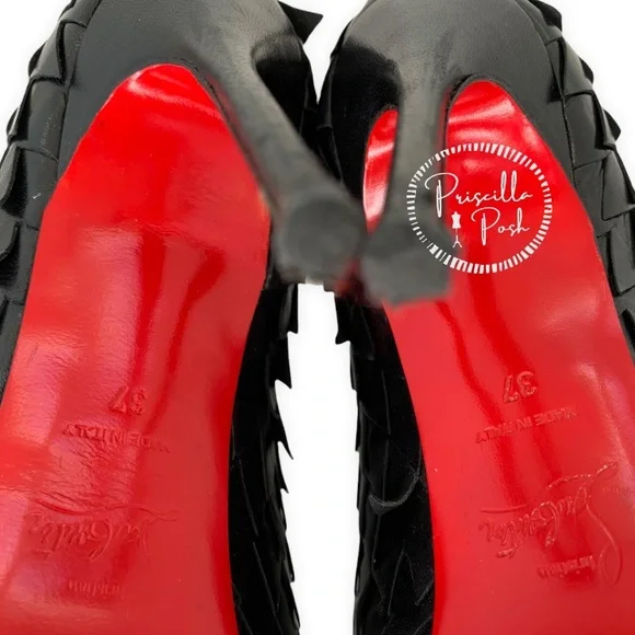 Christian Louboutin Black Leather Peep Toe Bootie Boots 37