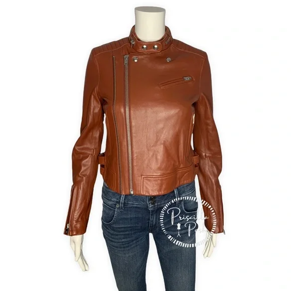 NWT IRO Brown New Luciana Cognac Jacket Moto Crop Biker Leather Jacket