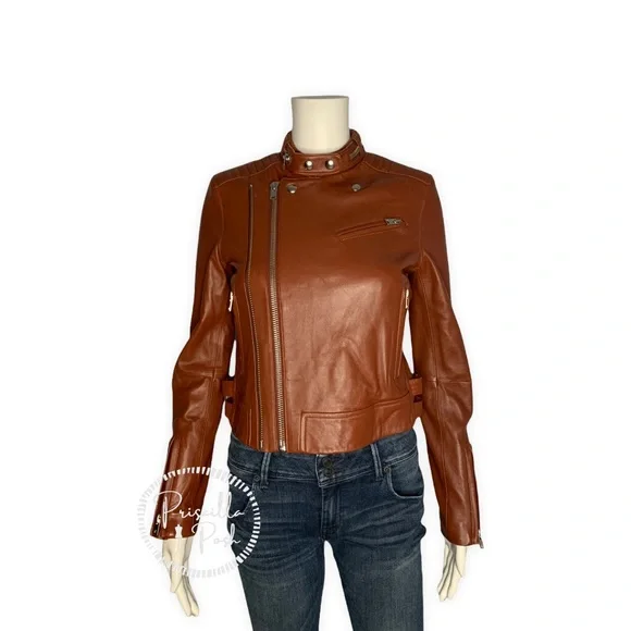 NWT IRO Brown New Luciana Cognac Jacket Moto Crop Biker Leather Jacket